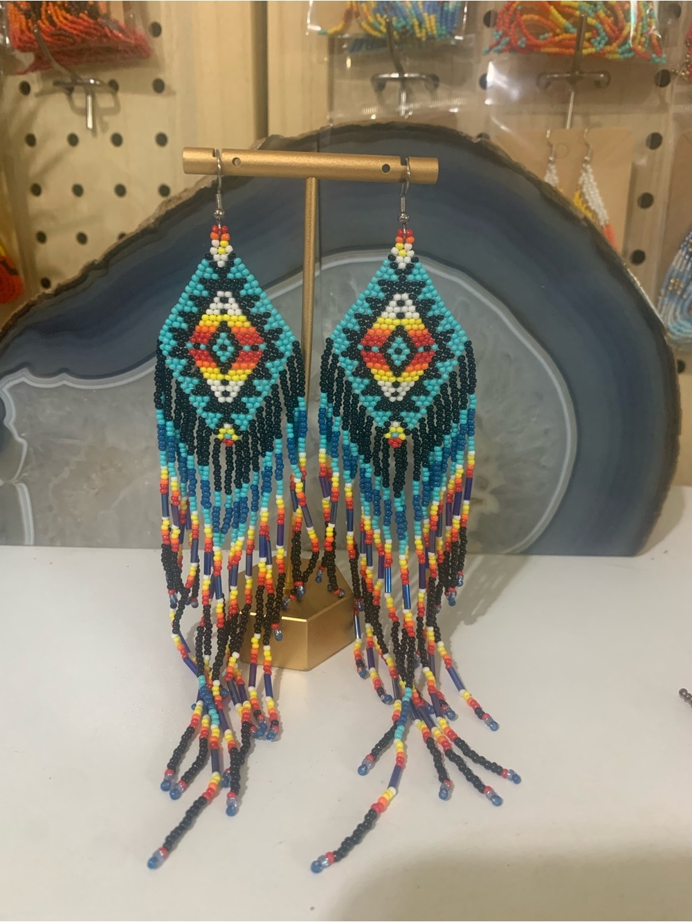 Turquoise Multicolor Seed Bead Fringe Earrings - Boho Statement